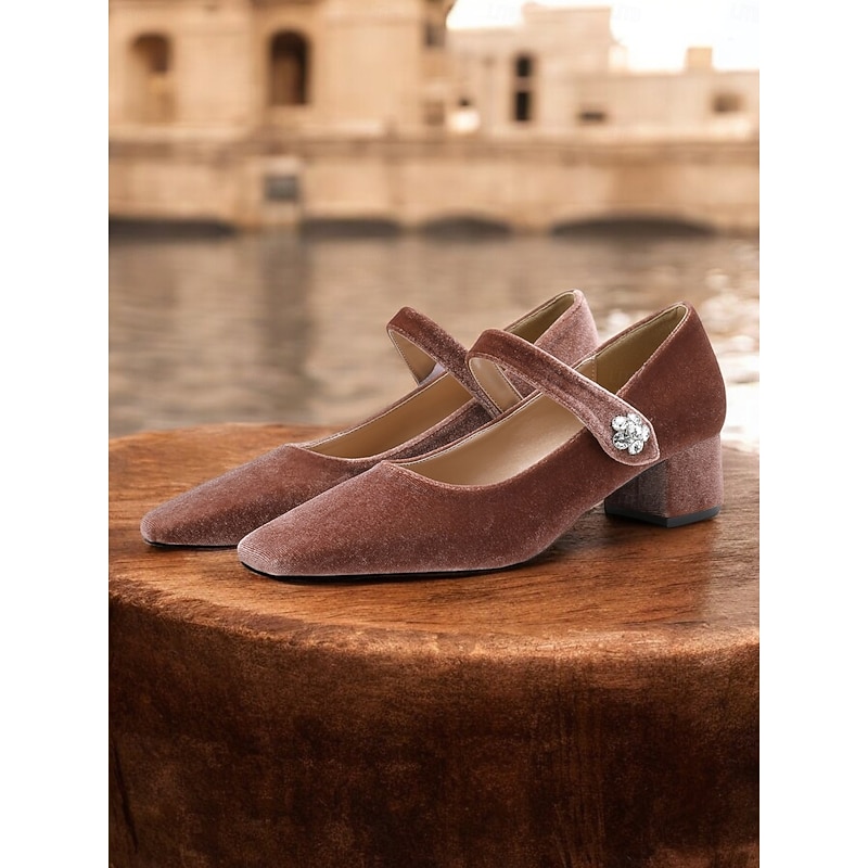 Women's Green Velvet Mary Jane Pumps - Square Toe Block Heels with Rhinestone Buckle, Elegant Design for Evening and Vintage Style Outfits2