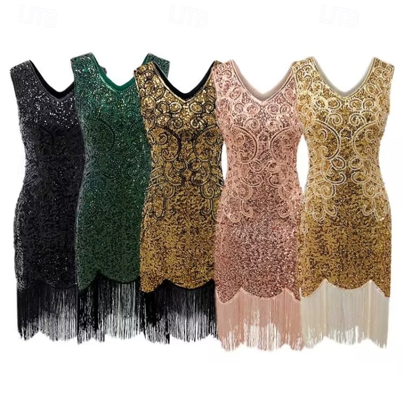 1920s Vintage Inspired Flapper Dress Party Costume Sleeveless The Great Gatsby Wedding Guest Sequins Tassel Fringe Sequin Tassel V Neck Fancy Dress Women's Christmas Halloween New Year Casual Daily