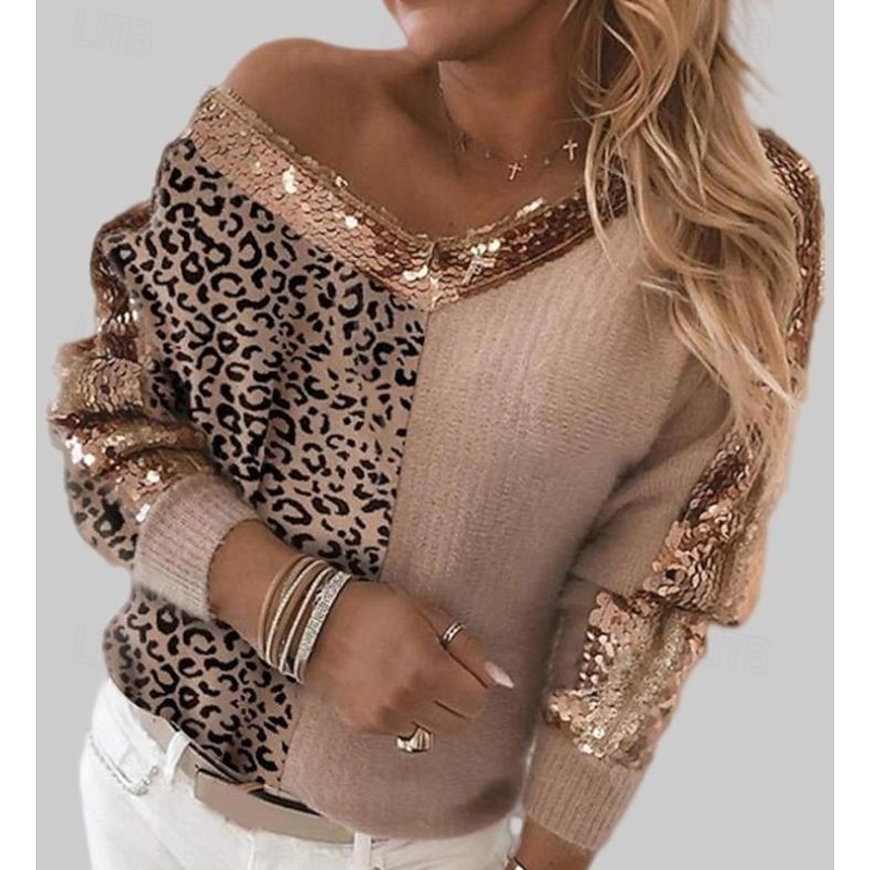 Women's Sweater Pullover Sweater Jumper Casual Soft Leopard Ribbed V Neck Knitted Long Sleeve Regular Tops Knit Outdoor Daily Weekend Pink Camel Fall Winter4