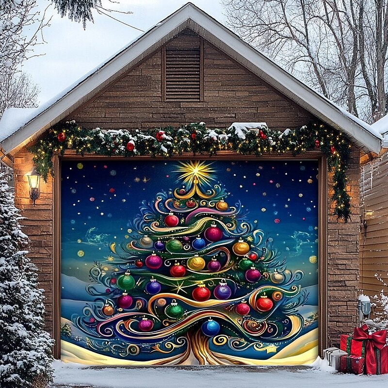 Christmas Door Decorations Outdoor Garage Door Cover Xmas Tree Banner Farmhouse Large Christmas Backdrop for Holiday Outdoor Garage Door Home Wall Decorations 5