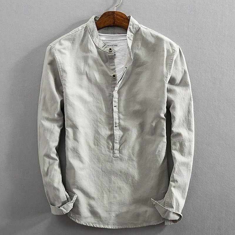 Men's Shirt Linen Shirt Cotton Linen Shirt White Cotton Shirt Chinese Collar Shirt Mandarin Collar Shirt Plain Vacation Hawaiian White Dark Blue Gray Light Blue Long Sleeve Band Collar Spring &  Fall3