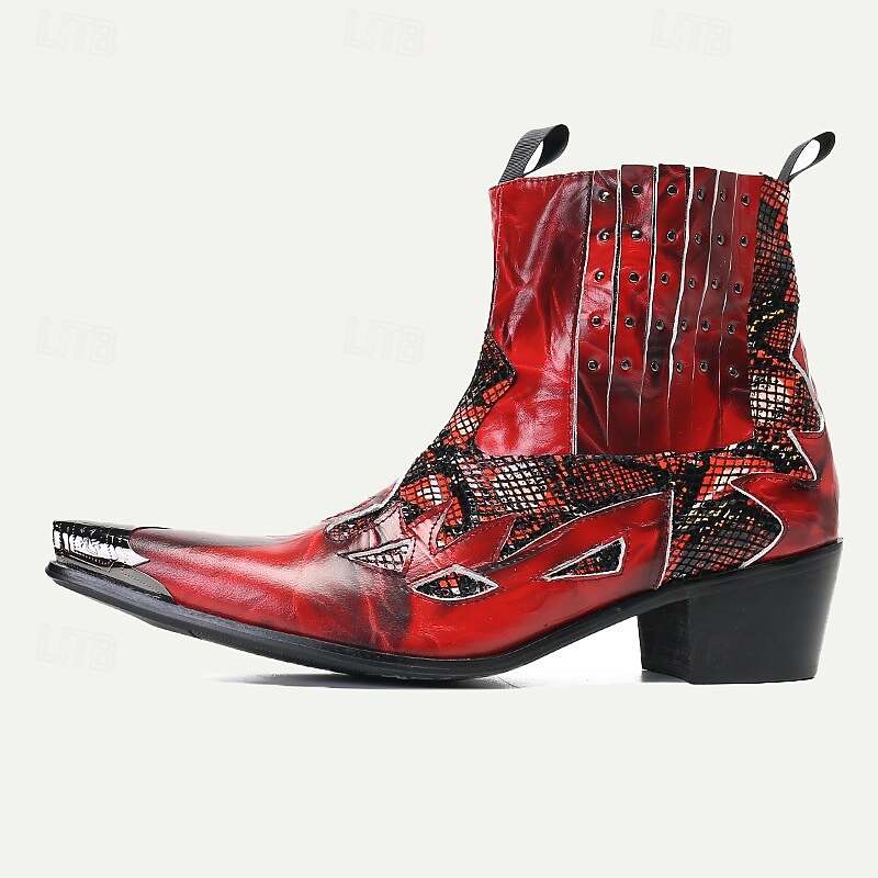 Men's Red Snakeskin Leather Motorcycle Boots–Western Style Studded Pointed Toe Ankle Boots with Gold Tip Flame Cut-Out Design for Bold Fashion3
