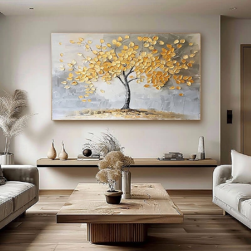 Large 100% hand painted Golden Tree Oil Painting on Canvas gold Flower Tree Oil Painting Large Abstract Textured Gold Yellow Life Tree Wall Art Custom Modern Trendy Living Room Decor4
