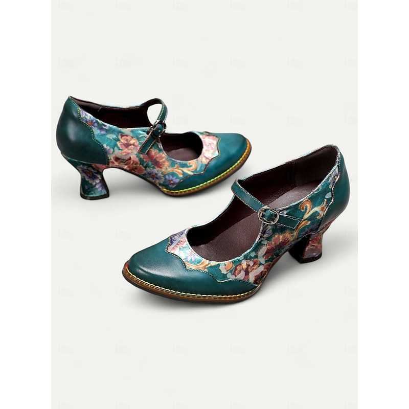 Women's Vintage Floral Mary Jane Heels - Green Leather with Floral Patchwork, Adjustable Strap, Mid Heel, Perfect for Retro Style and Special Occasions4