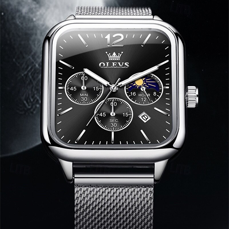New Olevs Olevs Brand Fashion Trend Men'S Watches Square Dial Luminous Moon Phase Calendar Multi-Function Three-Eye Mesh Belt Moon Phase Quartz Watch Casual Waterproof Sports Men'S Wristwatch4