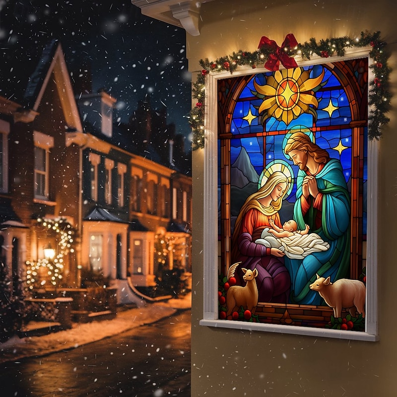 Christmas Window Cover Decorations, Fabric Stained Glass Nativity Scene Curtain Movie Poster Window Door Covering Decor for Christmas House, Window Clings Decals Indoor Outdoor