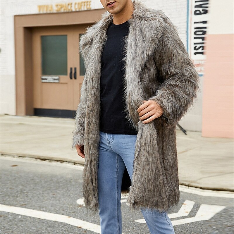 Men's Winter Jacket Fleece Jacket Faux Fur Coat Daily Vacation Thermal Warm Pocket Fleece Fall & Winter Leopard Print Fashion Streetwear Lapel Long White Brown Light Grey Jacket3