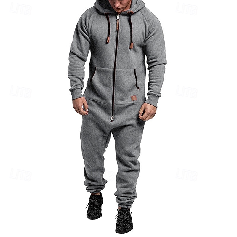 Men's Tracksuit Jumpsuit Sweatsuit Full Zip One-piece Solid Colored Athletic Clothing Set Fall Dark Grey Dark Khaki Gym Workout Jogging Running Thermal Warm Soft Long Sleeve Sport Activewear