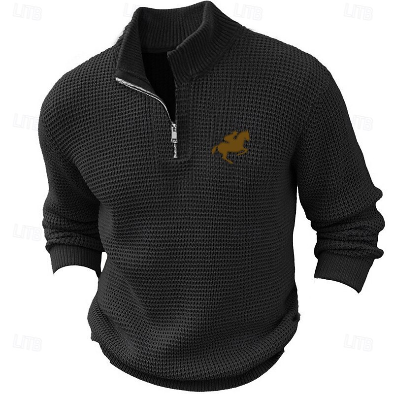 Men's Horse Pullover Sweater Jumper Zip Sweater Polo Sweater Zip Collar Retro Vintage Casual Formal Party Evening Wear Daily Embroidered Knitting Warm Long Sleeve Fall Winter Black Army Green Brown2