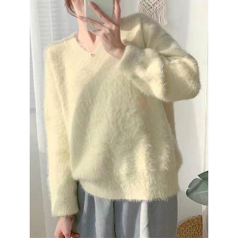 Women's Sweater Pullover Sweater Fuzzy Jumper V Neck Ribbed Knit Knitted Fall Winter Outdoor Daily Weekend Casual Soft Long Sleeve Pure Color Yellow Blue4