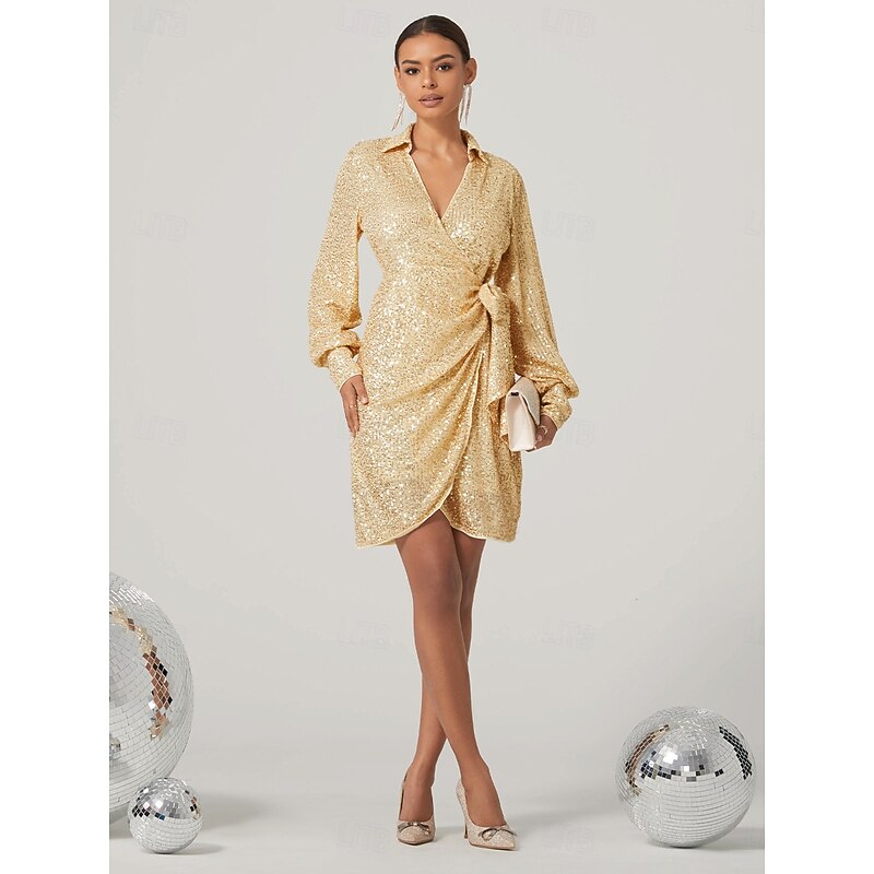 Women's Knee Length Dress Sequin Dress Elegant Cocktail Party Regular Fit Long Sleeve V Neck Gold Fall Winter4