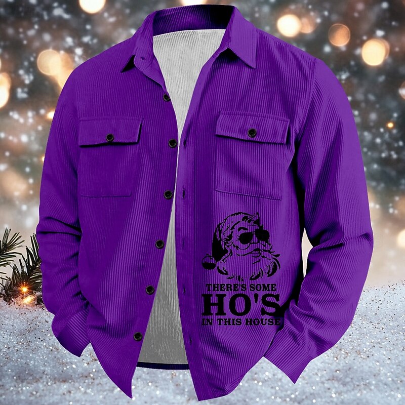 Christmas Men's Santa Claus Corduroy Shirt Shirt Jacket Long Sleeve Vintage Casual Outdoor Event / Party Dailywear Fall & Winter Turndown Collared Shirts Button 3D Print 2 Pockets 1pc Violet Black3
