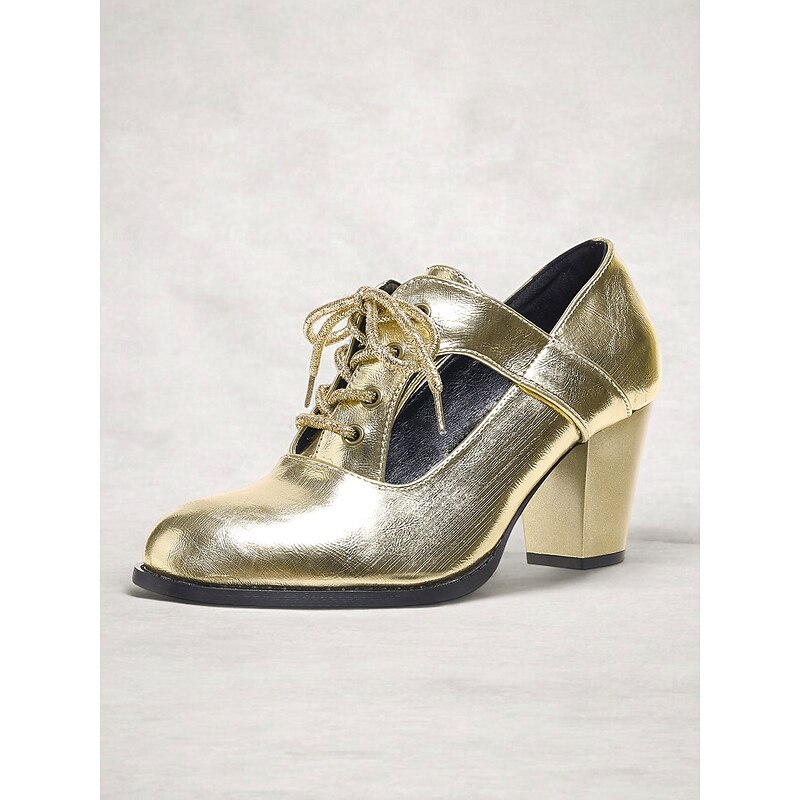 Women's Vintage Gatsby Gold Lace-Up Heeled Oxford Shoes-Glamorous Metallic Block Heels for Parties and Special Occasions2