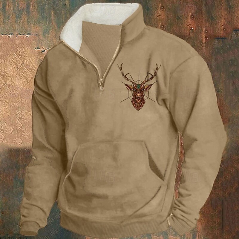 Men's Sweatshirt Quarter Zip Sweatshirt Black Red Blue Khaki Half Zip Reindeer Print Christmas Daily Holiday Polyester Streetwear Casual Bavarian Fall & Winter Clothing Apparel Hoodies Sweatshirts