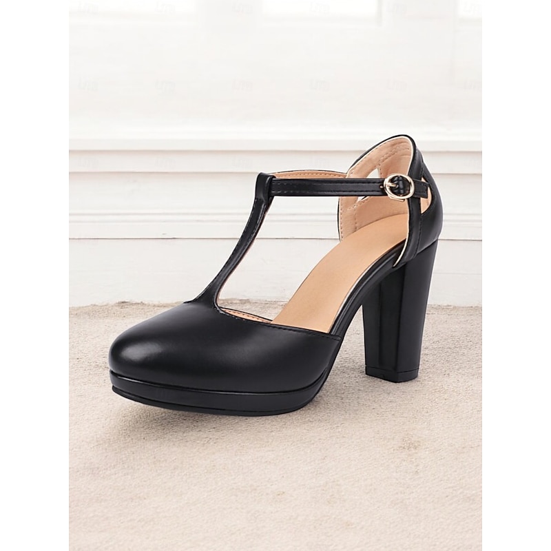 Women's Black T-Strap Platform Heels with Chunky Block Heel – Elegant Closed-Toe Pumps for Formal Events and Parties