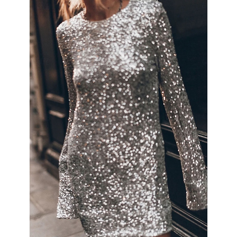 Women's Mini Dress Black Dress Sequin Dress Casual Dress Cocktail Dress Casual Party Regular Fit Plain Long Sleeve Crew Neck Silver Black Fall Winter2