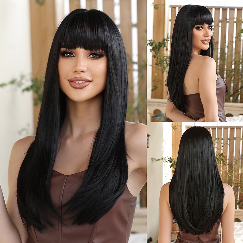 Synthetic Wig Straight Neat Bang With Bangs Wig 26 inch Black Synthetic Hair Women's Ombre Hair Comfy With Bangs Black