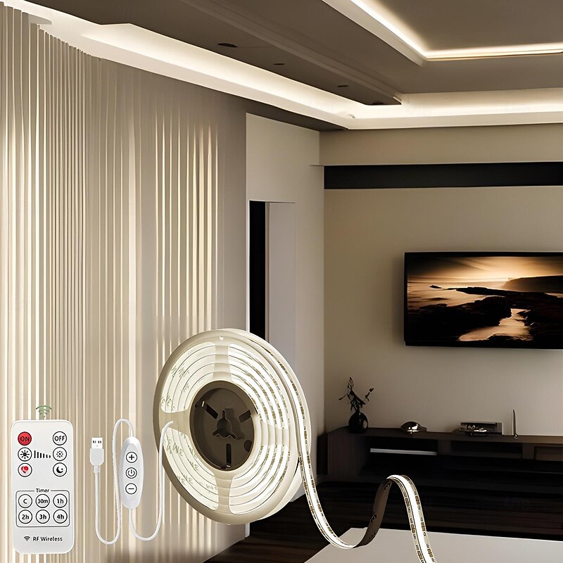 USB COB LED Strip Lights, Dimmable 1-3m TV Backlight 300 LEDs/m, CRI85 with RF Remote Control, Flexible Tape Light for DIY Bedroom, Kitchen, Under Cabinet Lighting2