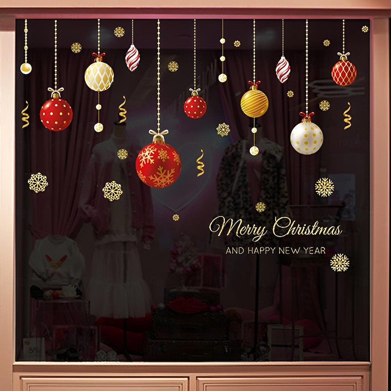 Christmas New Year Theme Wall Stickers Colored Ball Santa Claus Stocking Stickers Shop Glass Window Decoration 70*100cm3