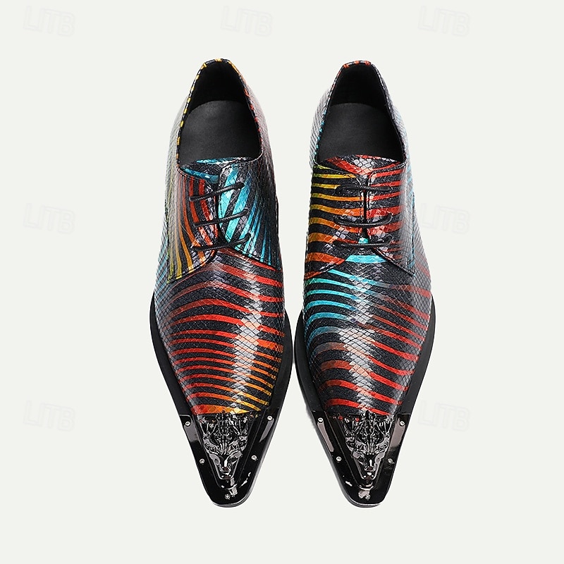 Men's Multicolor Snakeskin Leather Dress Shoes – Pointed Toe Lace-Up Shoes with Metal Tip for Formal and Fashion-Forward Occasions 8