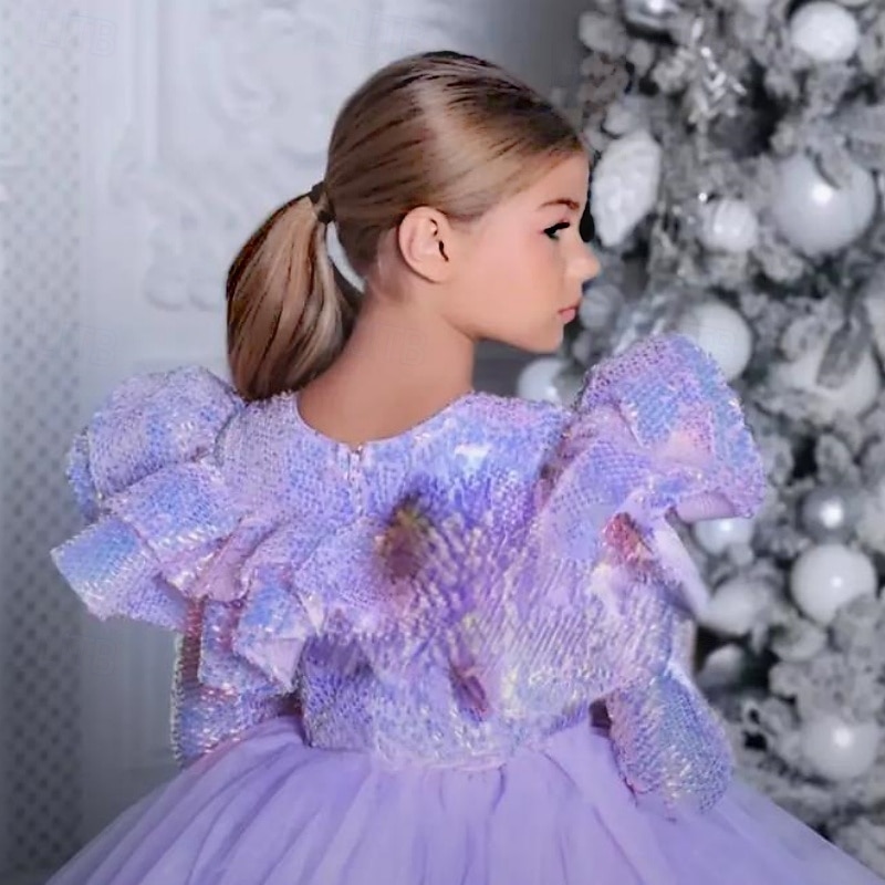 Kids Girls' Party Dress Solid Color Sleeveless Long Sleeve Performance Mesh Princess Sweet Mesh Mid-Calf Sheath Dress Tulle Dress Summer Spring Fall kids Purple4