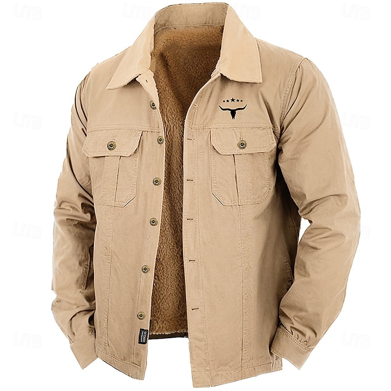 Men's Cow Print Work Shirt Western Shirt Cargo Shirt Long Sleeve Casual Sports & Outdoor Going out Fall Winter Turndown Button-Down Black Army Green Khaki3