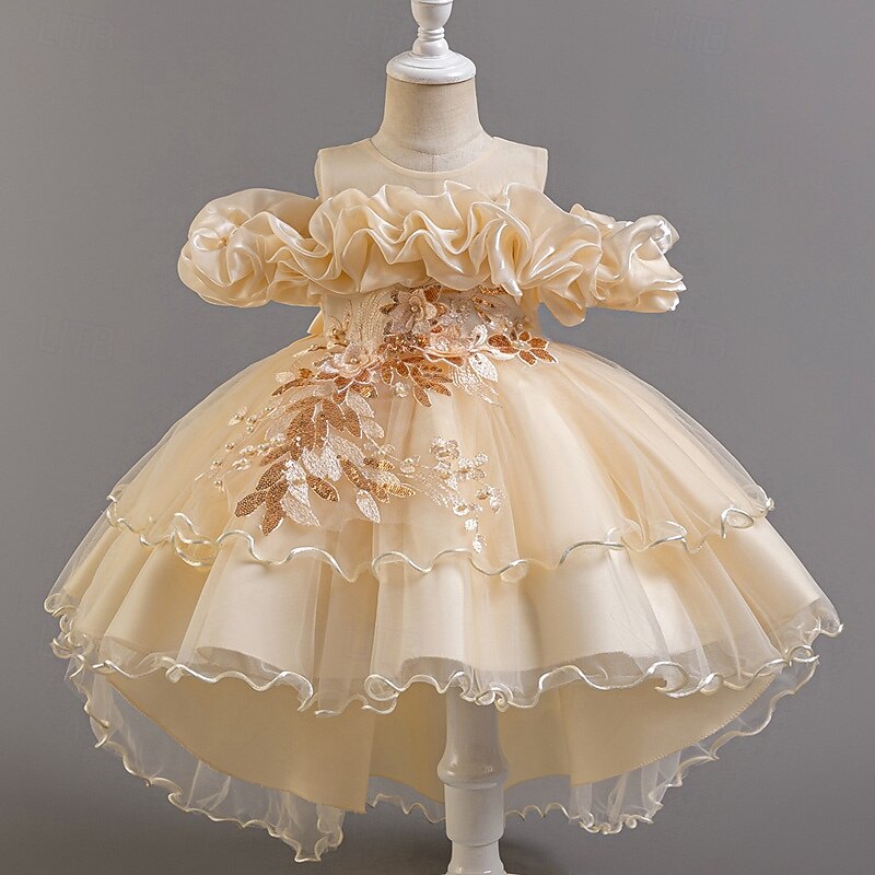 Kids Girls' Party Dress Floral Flower Short Sleeve Wedding Special Occasion Ruched Zipper Beautiful Sweet Cotton Polyester Asymmetrical Party Dress Summer Spring Fall 4-13 Years White Champagne Pink4