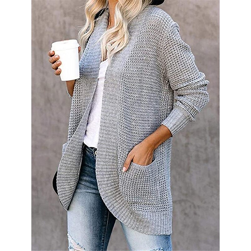 Women's Sweater Cardigan Casual Soft Pure Color Ribbed Open Front Pocket Knitted Long Sleeve Regular Tops Knit Outdoor Daily Weekend Black White Fall Winter2