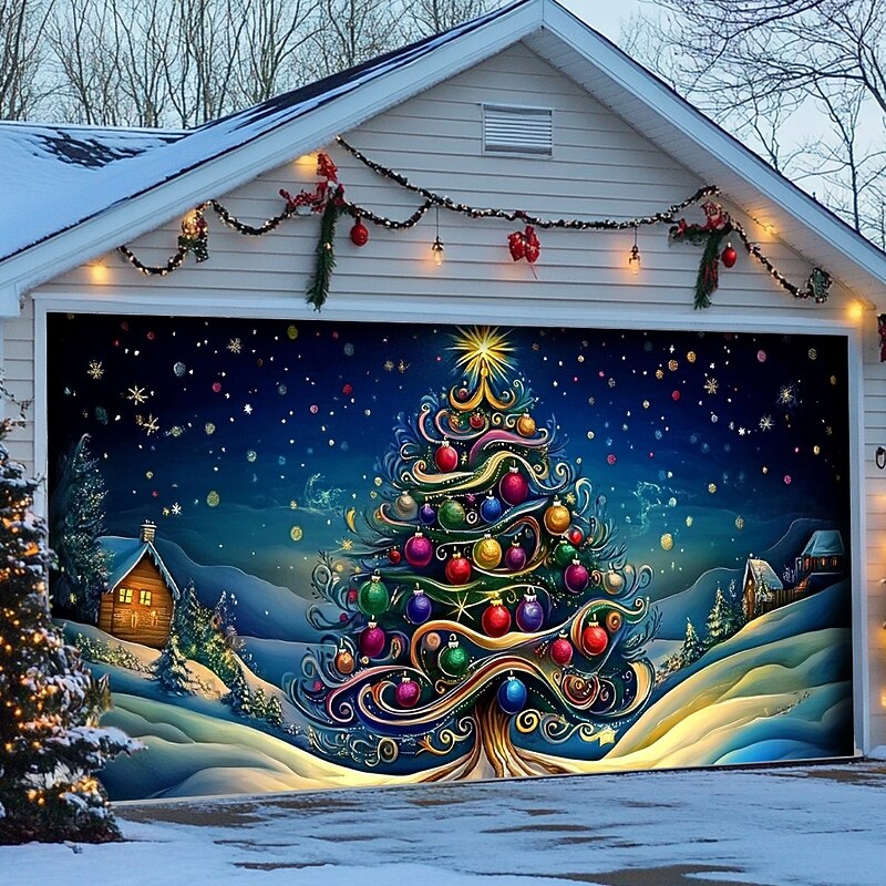 Christmas Door Decorations Outdoor Garage Door Cover Xmas Tree Banner Farmhouse Large Christmas Backdrop for Holiday Outdoor Garage Door Home Wall Decorations3