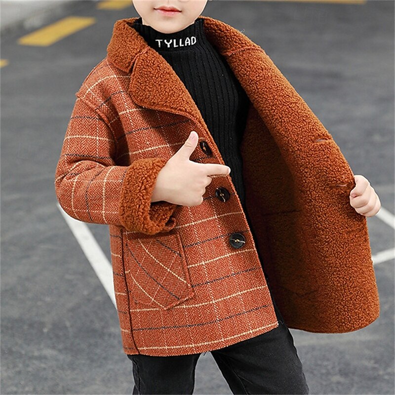 Kid's Boys' Woolen Coat Outerwear Plaid Long Sleeve Patchwork Pocket Coat Outdoor Fashion Daily Brown Gray Fall Winter 7-13 Years3