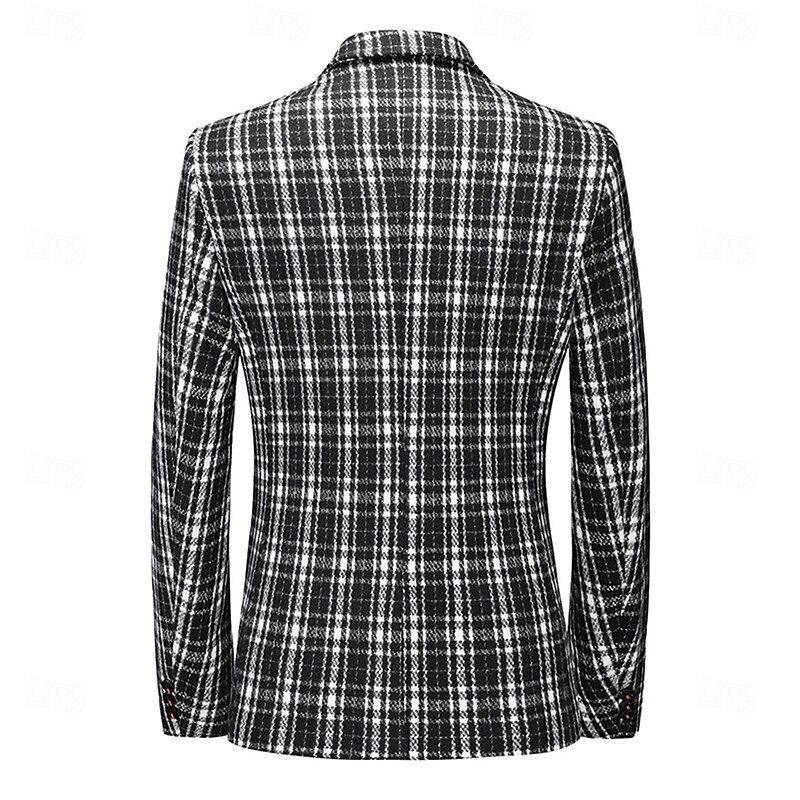 Men's Blazer Business Cocktail Party Wedding Party Fashion Casual Spring &  Fall Polyester Plaid Pocket Buttons Comfortable Single Breasted Blazer Black khaki Gray2