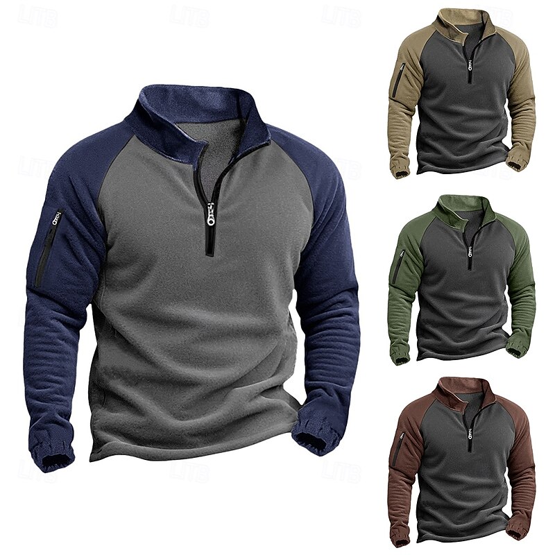Men's Pullover Quarter Zip Sweatshirt Tactical Hoodie Blue Green Khaki Coffee Standing Collar Half Zip Plain Patchwork Pocket Color Block Sports & Outdoor Sports Streetwear Designer Basic Casual