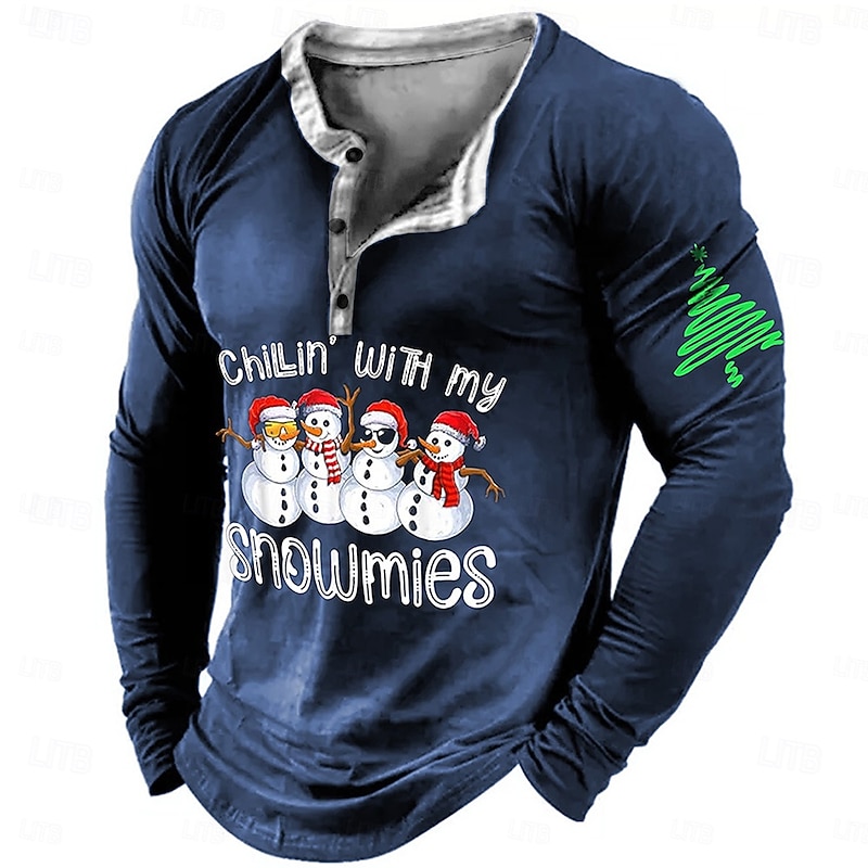 Christmas Men's Christmas Scene Henley T Shirt Snowman Letter Letters Letter Print Sports Fashion Daily 3D Printing Henley Long Sleeve Street Casual Daily Red Dark Blue Gray Long Sleeve Henley Collar