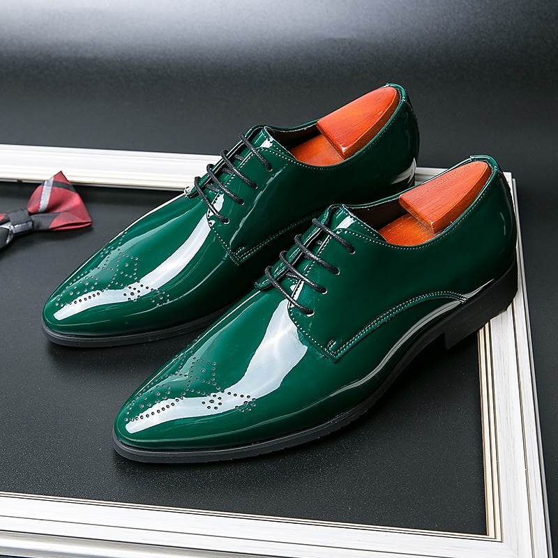 Men's Green Patent Faux Leather Dress Shoes – Glossy Lace-Up Formal Shoes for Weddings and Special Events3