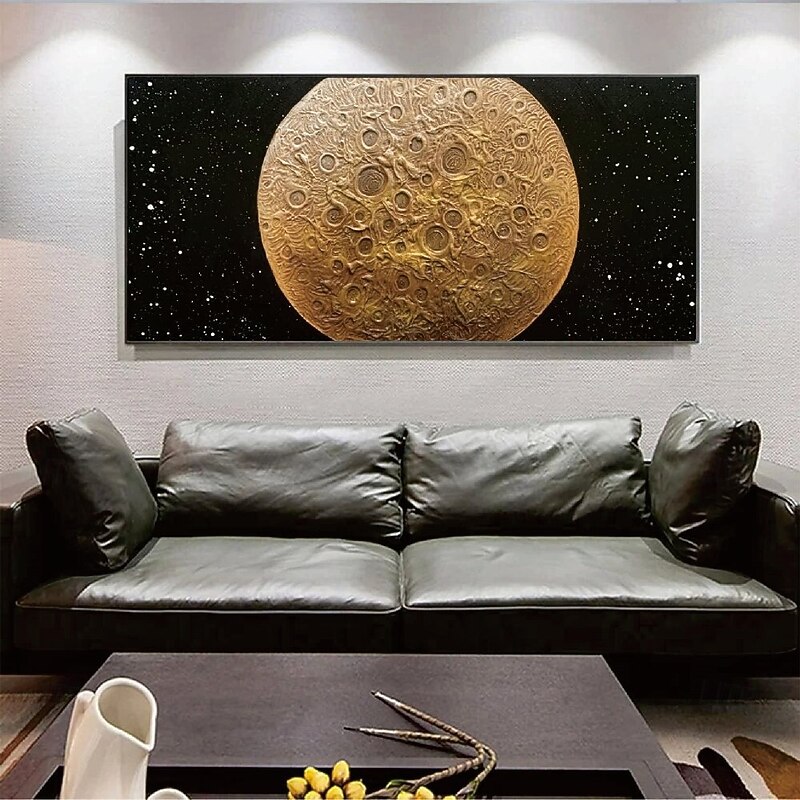 Moon oil painting Hand painted Yellow Black Textured Painting 3D handmade Abstract Moonlight Wall Art painting Large Minimalist black  textured Painting for Living Room bedroom Wall Decor Abstract Art