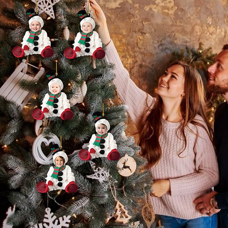 5 Packs Personalized Photo Christmas Ornaments Christmas Acrylic 2D Custom Snowman Baby Face Christmas Tree Ornaments Xmas Decoration Hanging Pendant Gifts2