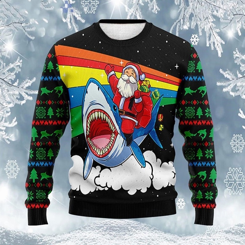 Ugly Christmas Sweater Men's Funny Sweaters Santa Claus Shark Print Knitting Pullover Jumper New Years Eve Sweater Outdoor Daily Long Sleeve Crewnecks Black Fall Winter S M Ls2