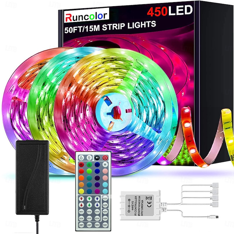 49.2ft LED RGB Light Strips  3x5m 5050 SMD 450 Leds Waterproof 10mm Fexible Strip Light Tape Color Changing with 44key IR Remote Controller Kit DC 12V