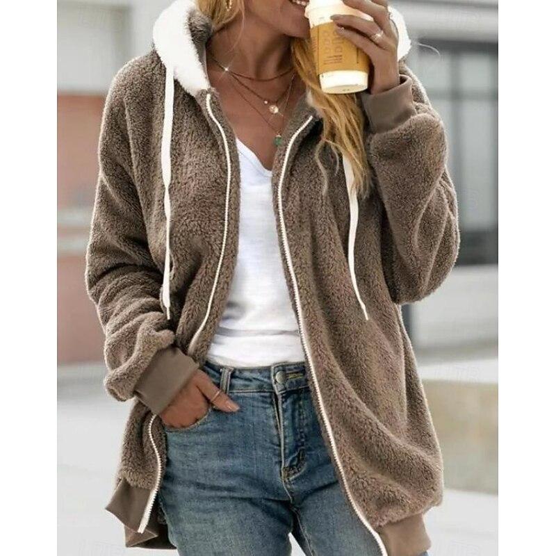 Women's Casual Jacket with Pockets Solid Color Warm Stylish Loose Fit Outerwear Long Sleeve Fall Burgundy S2