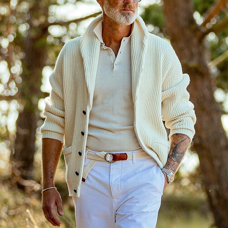 Men's Cardigan Sweater Knit Sweater Ribbed Knit Regular Button Up Solid Color Shawl Collar Fashion Classic Daily Wear Date Clothing Apparel Fall & Winter White S M L