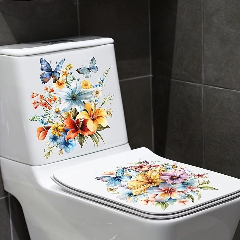 PVC Flower Butterfly Toilet Cover Toilet Tank Decoration Stickers, Waterproof Self-adhesive Removable Bathroom Wall Stickers, Modern Home Decoration2