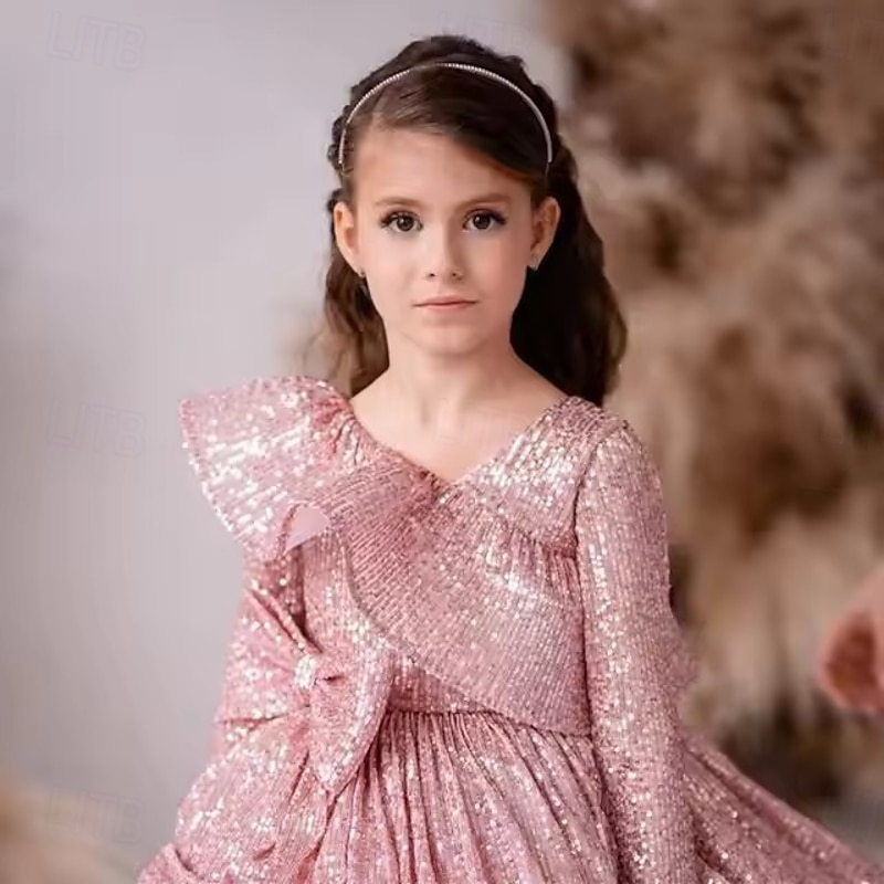Kids Girls' Party Dress Solid Color Long Sleeve Performance Wedding Party Mesh Princess Sweet Mesh Mid-Calf Sheath Dress Tulle Dress Summer Spring Fall kids Pink2