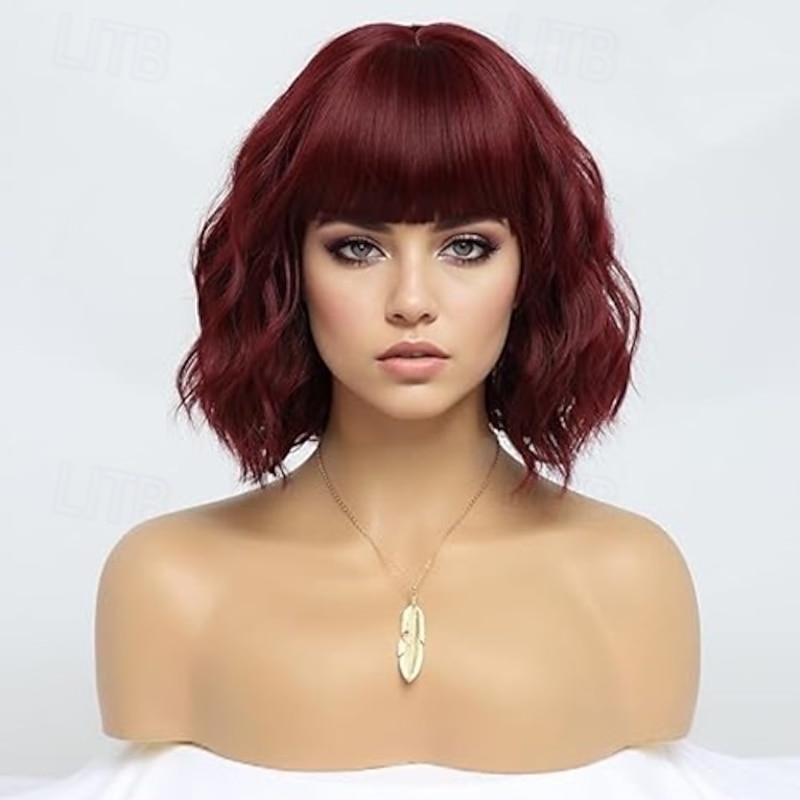 Wigs for Women Short Wavy Bob Wig with Bangs Medium Lenth Synthetic Hair for Daily Party4