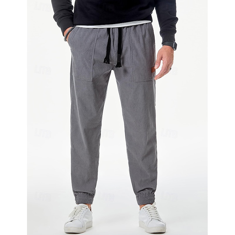 Men's Sweatpants Joggers Corduroy Pants Trousers Casual Pants Pocket Drawstring Elastic Waist Plain Comfort Soft Full Length Sports Outdoor Casual Daily Fashion Stylish Black Khaki2