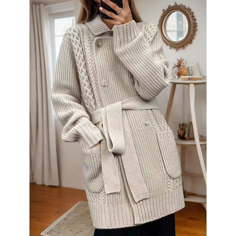 Women's Sweater Cardigan Sweater Jacket Shirt Collar Cable Knit Lace up Button Pocket Spring Fall Home Daily Weekend Vintage Daily Casual Long Sleeve Pure Color Camel