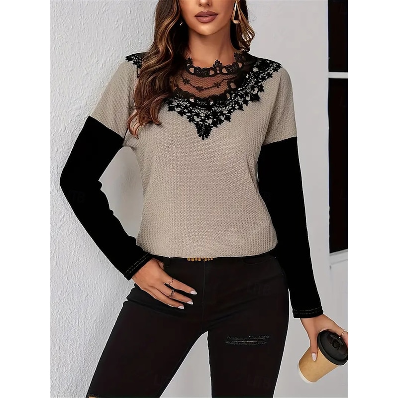 Women's Elegant Lace Tops Eyelet Blouse Fashion Modern Casual Plain Regular Tops Long Sleeve Crew Neck Regular Fit Daily Weekend Romantic Petite Tops Summer Holiday Wear Khaki Fall Winter 8