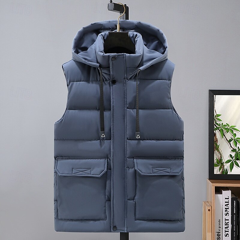 Men's Puffer Vest Hoodie Vest Padded Gilet Quilted Vest Daily Date Vacation Fashion Casual Fall & Winter Hooded Polyester Warm Comfortable Solid Color Zipper Stand Collar Regular Fit Black Khaki2