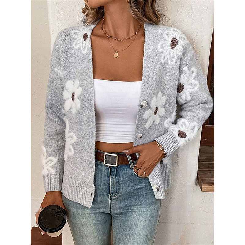 Women's Sweater Cardigan Casual Soft Floral Ribbed V Neck Buttons Knitted Long Sleeve Regular Tops Knit Outdoor Daily Weekend Black Light Grey Fall Winter