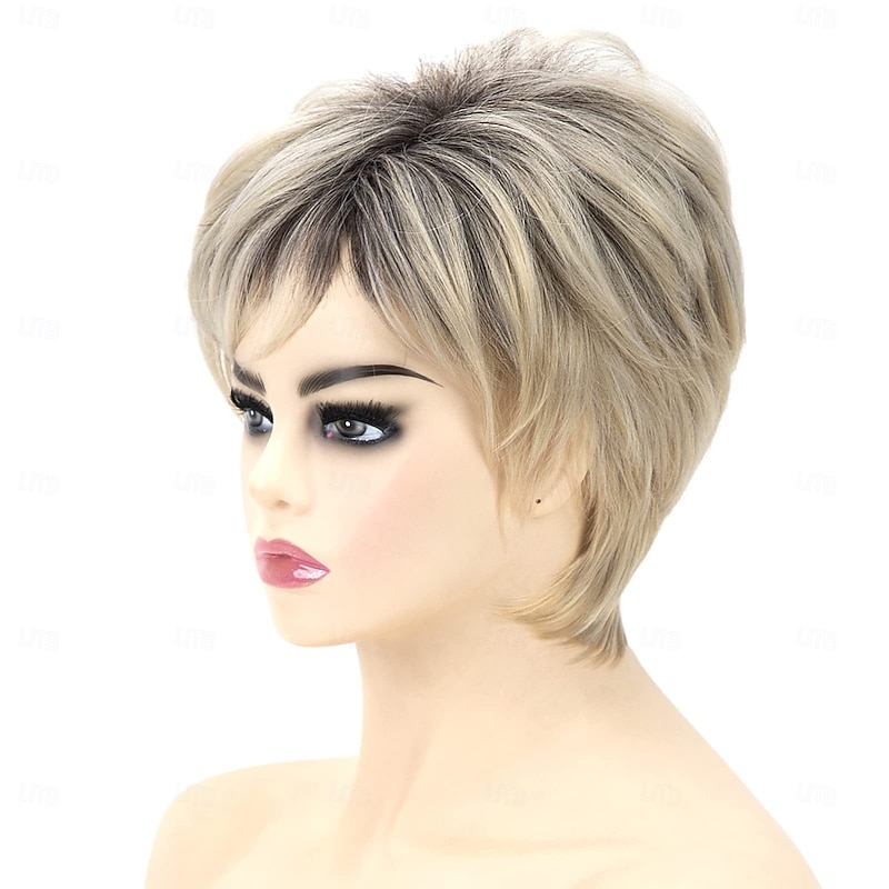 Short Blonde Wigs for Women Pixie Cut Blonde Wigs with Bangs Straight Layered Short Hair Wigs Natural Looking Synthetic Light Blond Wigs3