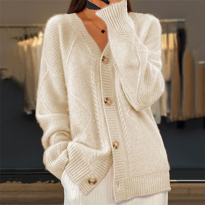 Women's Pink Long Cardigan V Neck Cable Knit Knitted Fall Winter Work Elegant Fashion Daily Long Sleeve Solid Color Pink Camel4